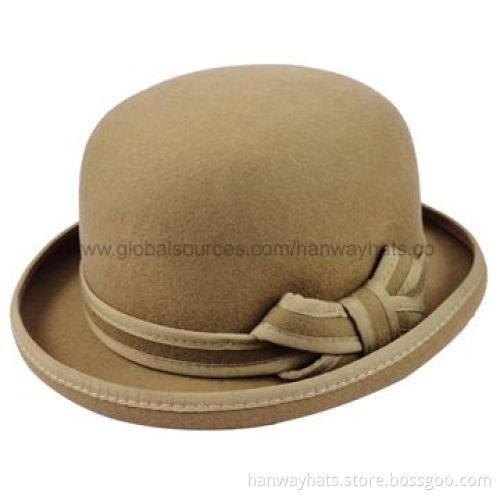 Fashionable Wool Felt Bowler Hat with Self Bow and Bow Trim with Binding